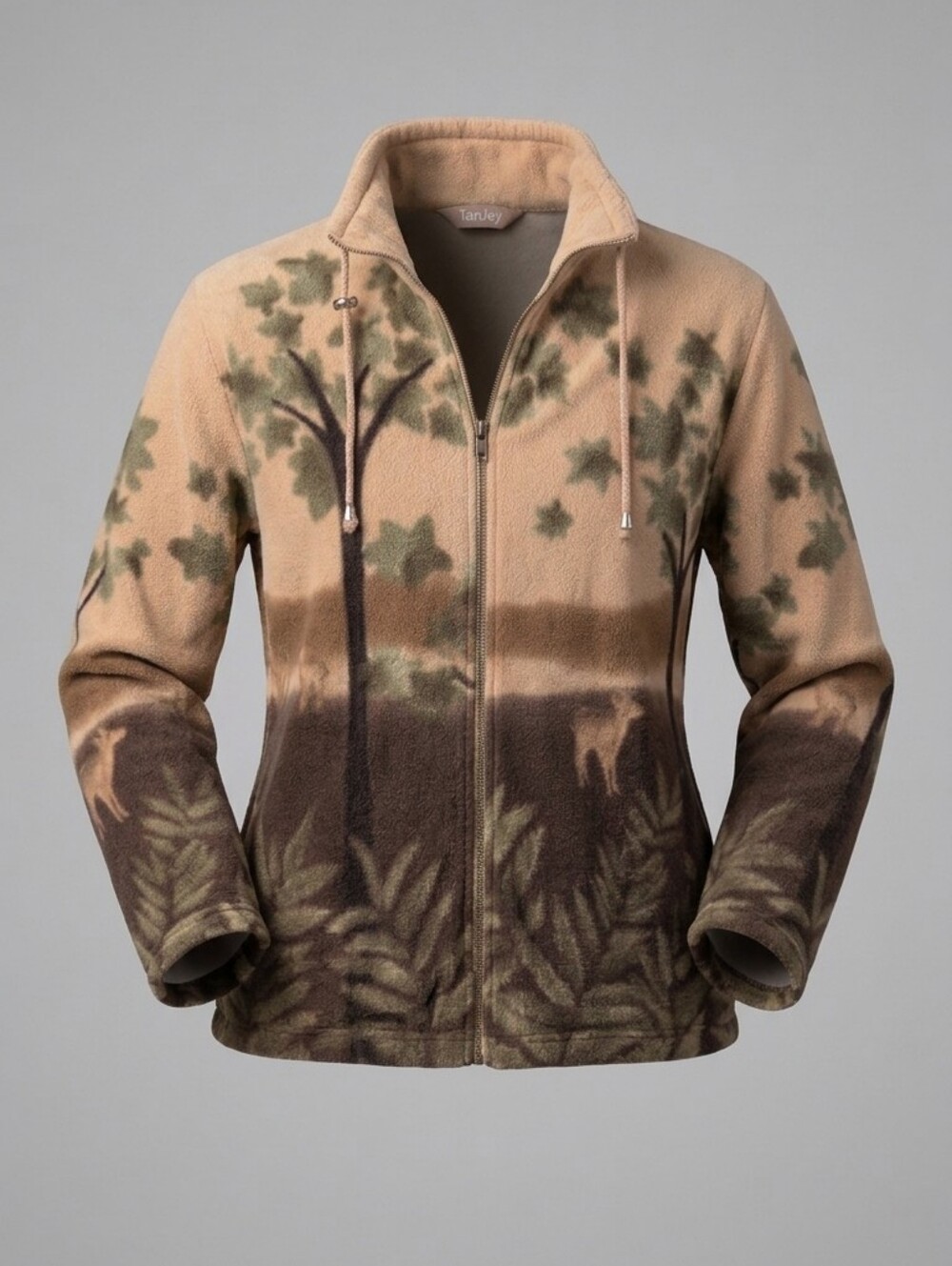Vintage TanJay Tan Brown Nature Deer Cottagecore Fleece Full Zip Women Jacket M